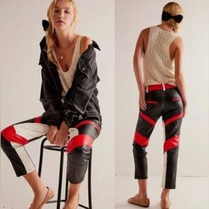 Free People Black, Red & White Colorblock Straight Leg Pants